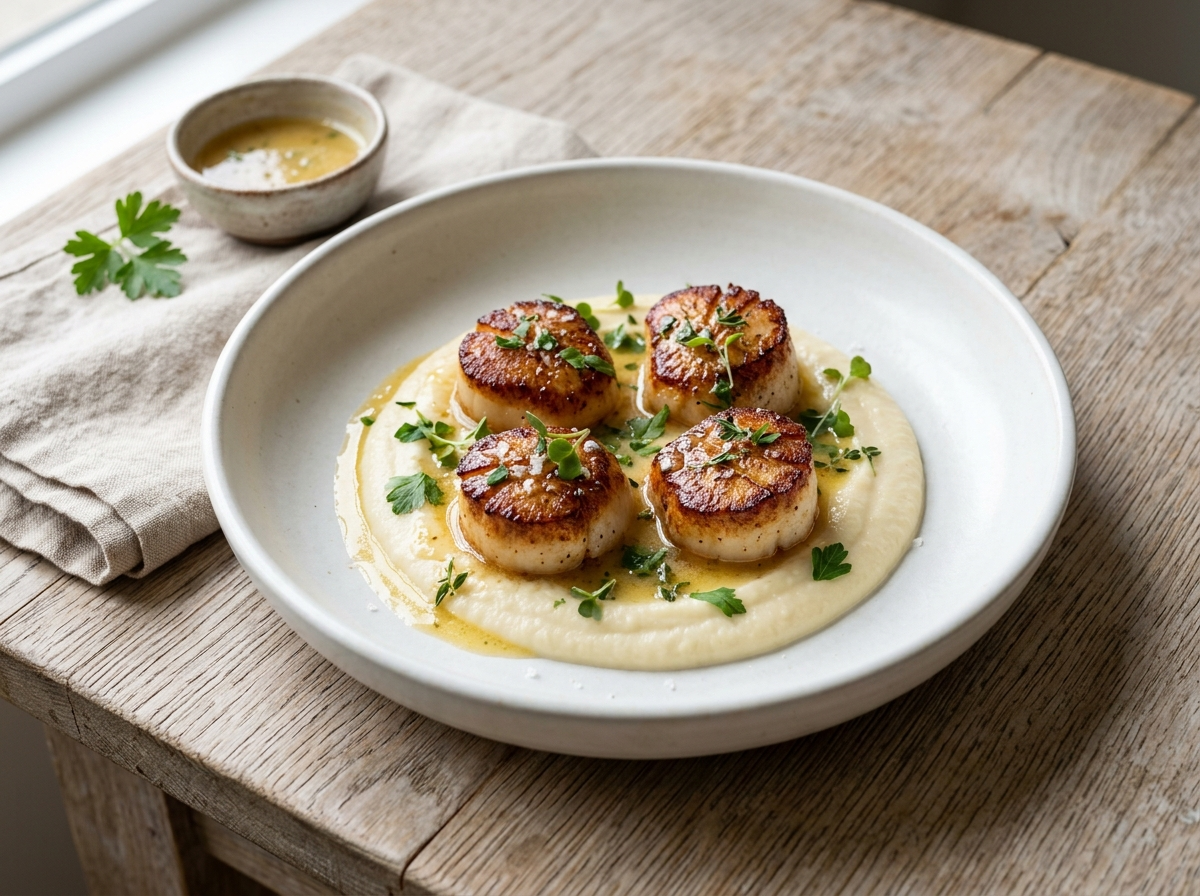 Four pan seared scallops with golden crust plated over smooth cauliflower puree with lemon-butter sauce and parsley