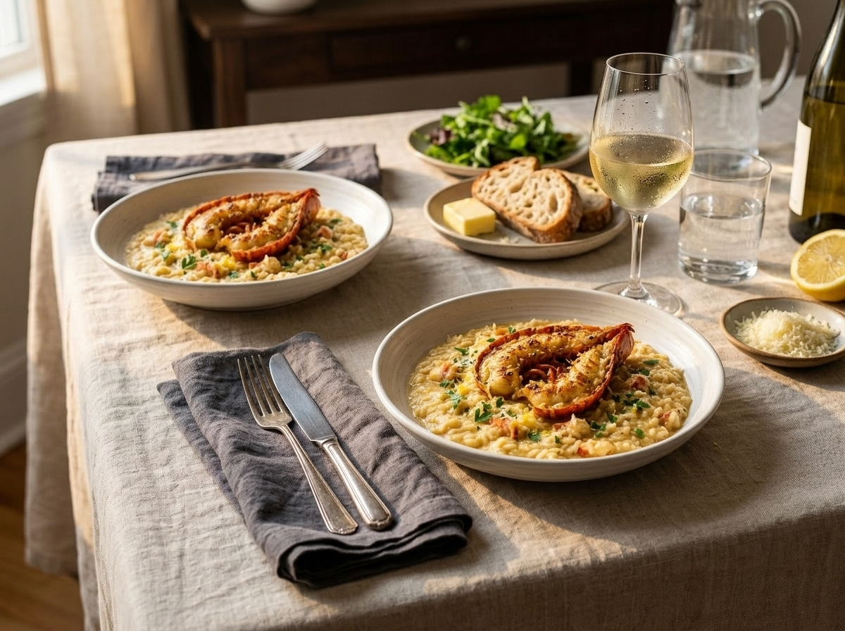 Two bowls of lobster risotto on a linen table with white wine and grated Parmesan