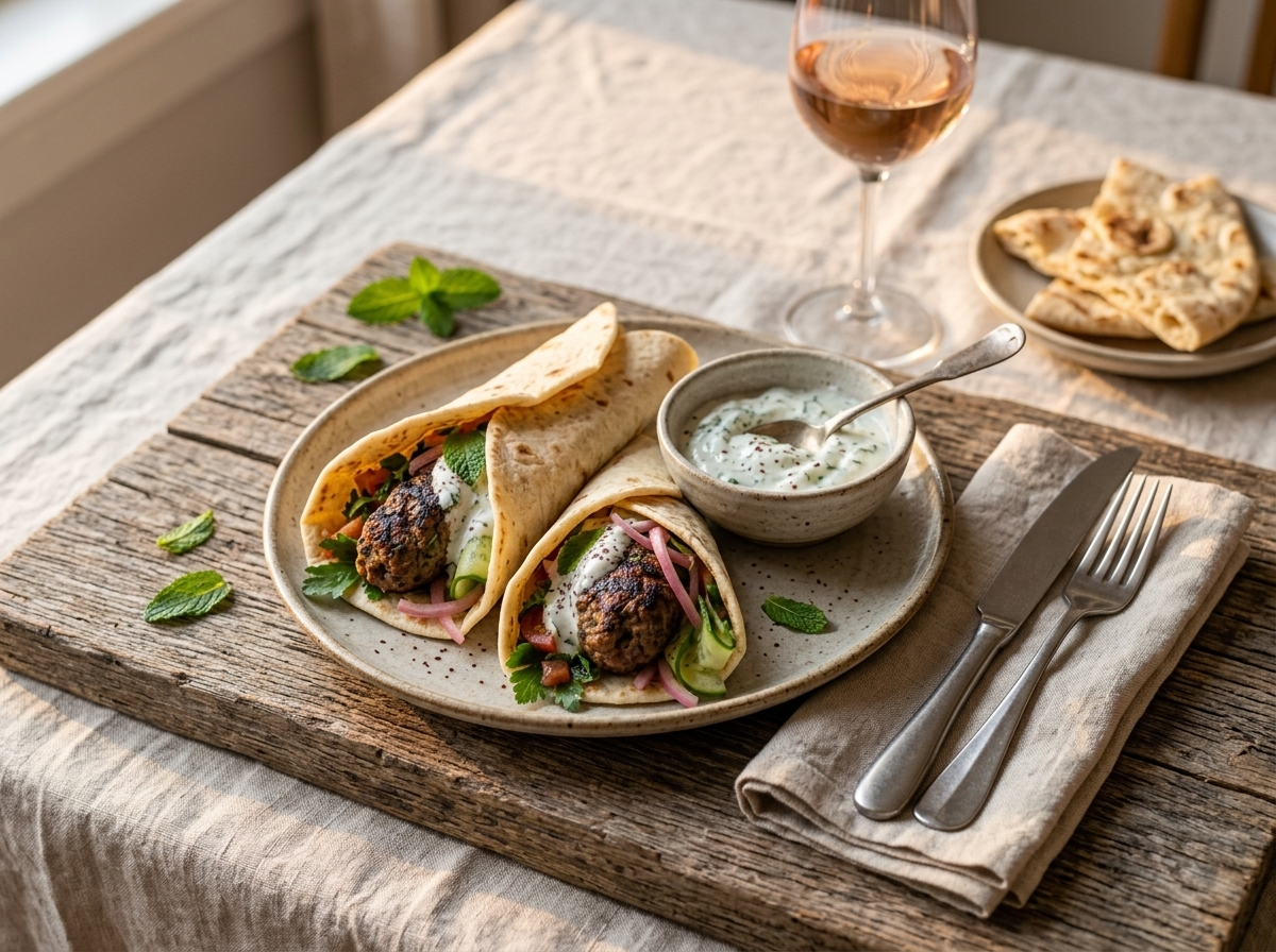 Two lamb kofta wraps plated with a bowl of mint yogurt sauce and a glass of rosé wine