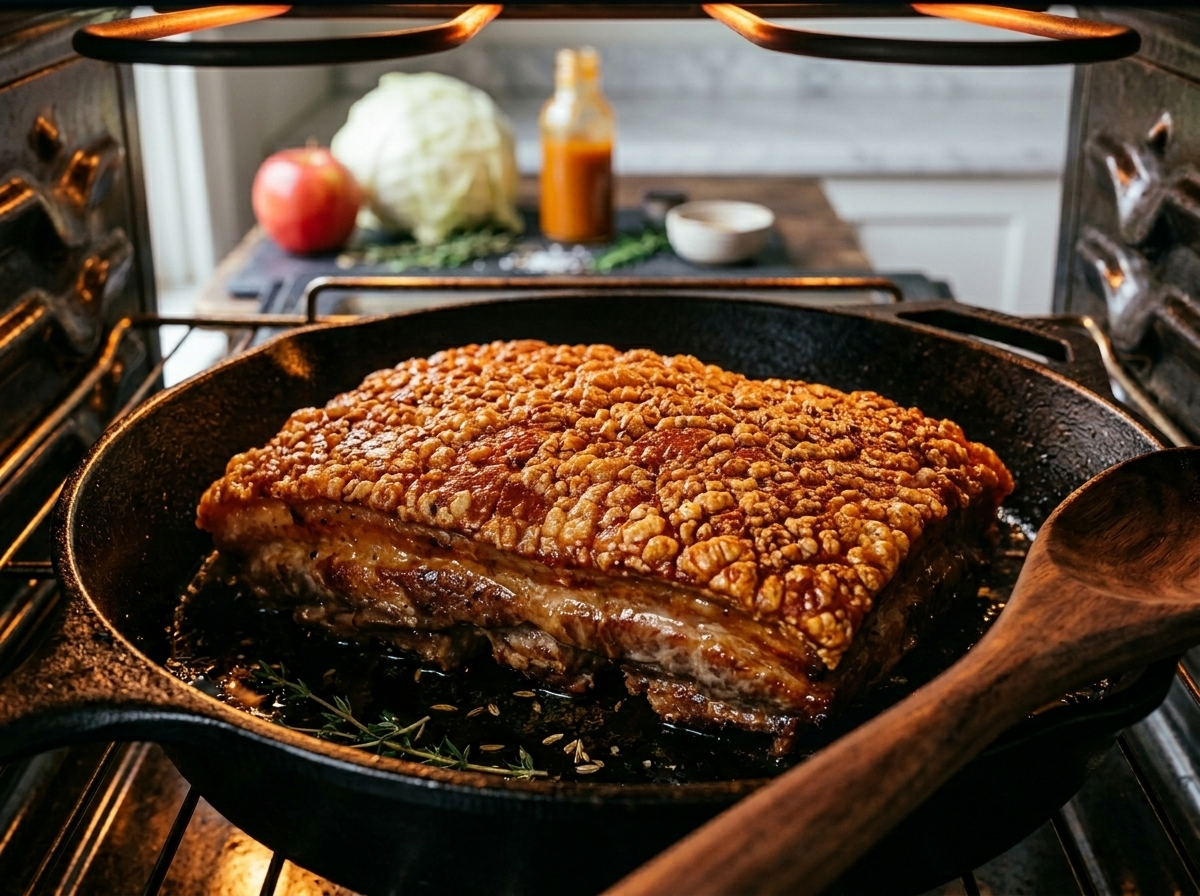 Pork belly skin blistering and crackling in a roasting pan mid-cook in a hot oven