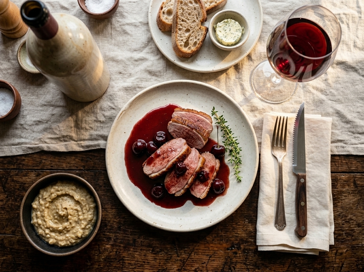 Plated five spice duck breast with cherry sauce beside a glass of Pinot Noir on a linen-set dinner table