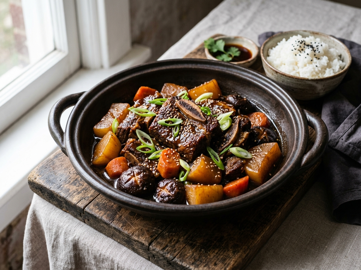 Korean braised beef galbijjim in a dark ceramic pot with daikon, carrots, sesame seeds, and glossy soy-pear sauce