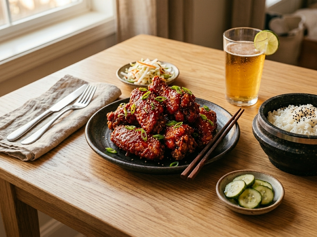 Glazed Korean fried chicken on a ceramic plate with steamed rice, pickled cucumber, and a cold glass of lager
