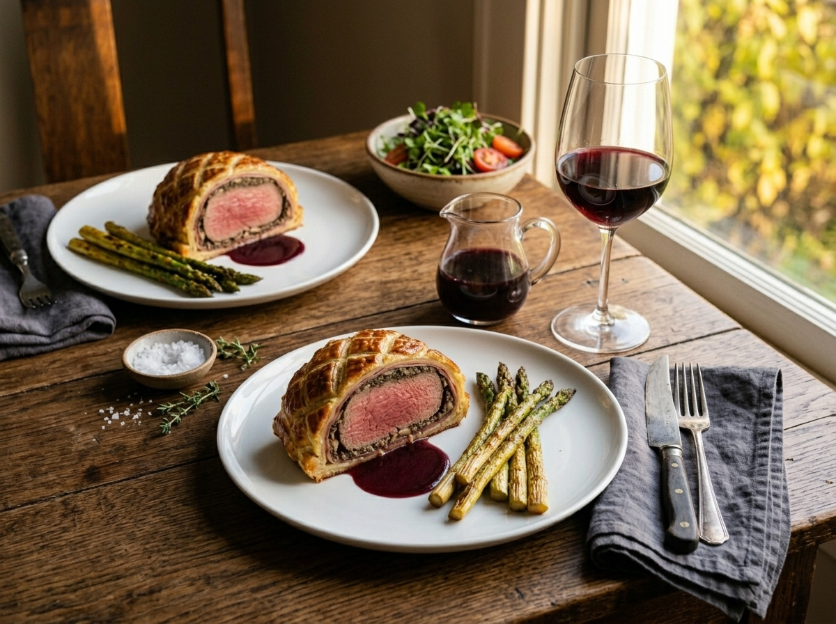 Two plated Beef Wellington slices with roasted asparagus and a glass of red wine on a dining table