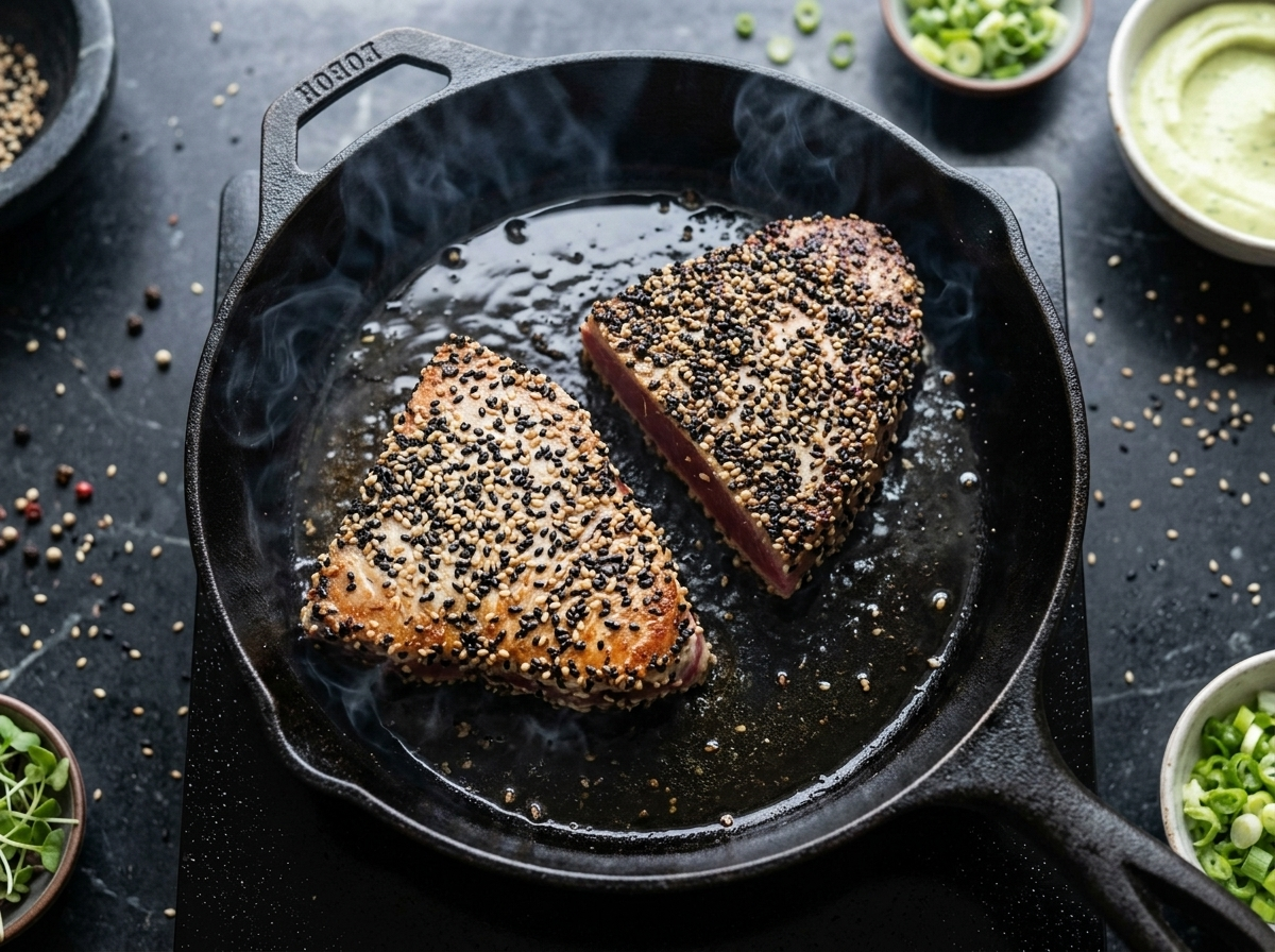 Two pepper-crusted ahi tuna steaks searing in a cast-iron skillet with golden crust forming on edges