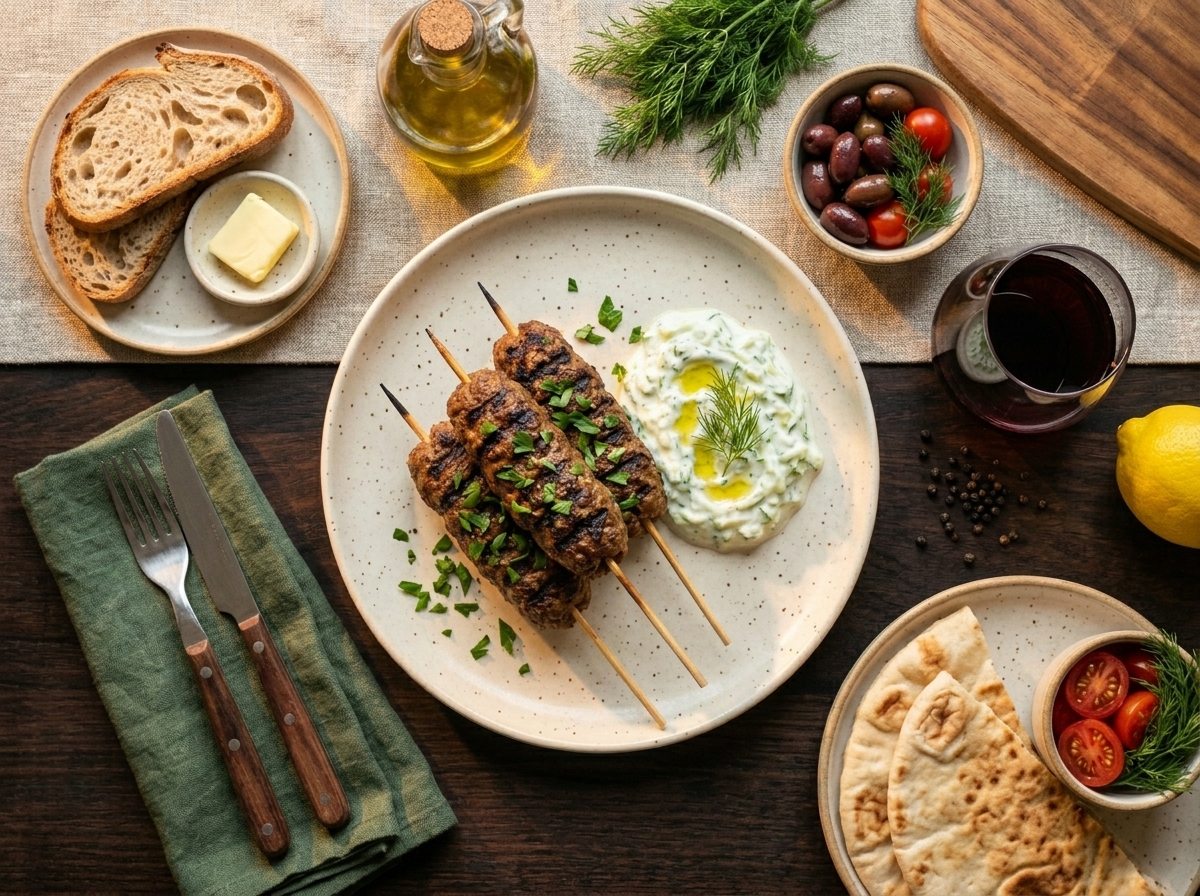 Warm pita filled with spiced beef koftas, tzatziki, and sliced tomatoes held over a linen-covered table
