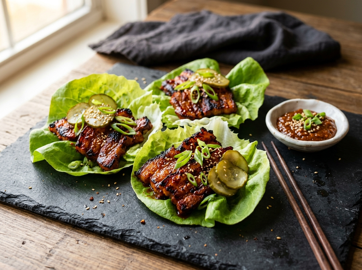 Spicy Korean pork belly lettuce wraps on a slate board with ssamjang, pickled cucumber, scallion, and sesame seeds