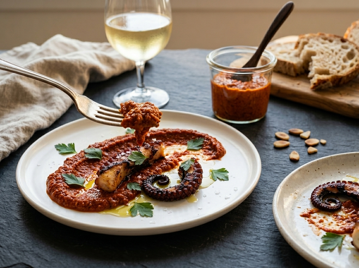Two plates of charred octopus with romesco sauce on a wooden table with wine and grilled bread