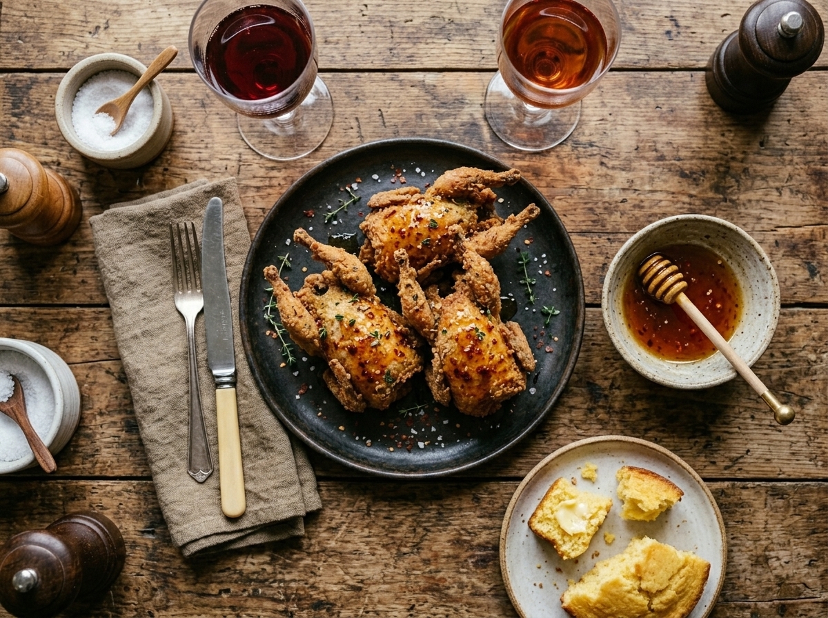Fried quail on a wooden board with hot honey dipping bowl and cornbread beside a cold lager