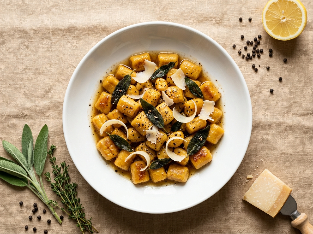 Bowl of pumpkin gnocchi tossed in brown butter with crispy sage leaves and shaved Parmesan on a linen table