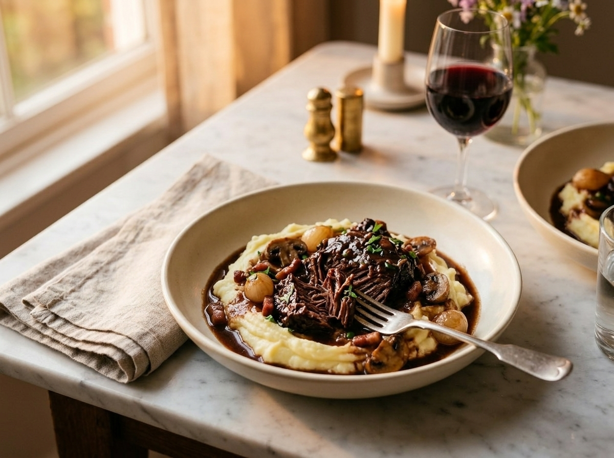 Plated beef cheek Bourguignon over creamy mashed potato with glossy sauce, pearl onions, and a glass of red wine alongside