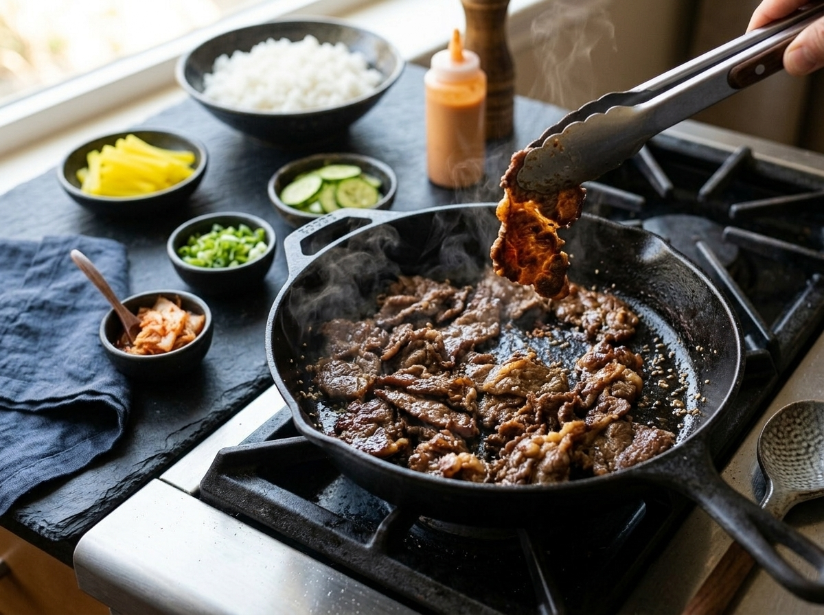 Thinly sliced bulgogi beef searing in a cast iron skillet with caramelized edges and rising steam
