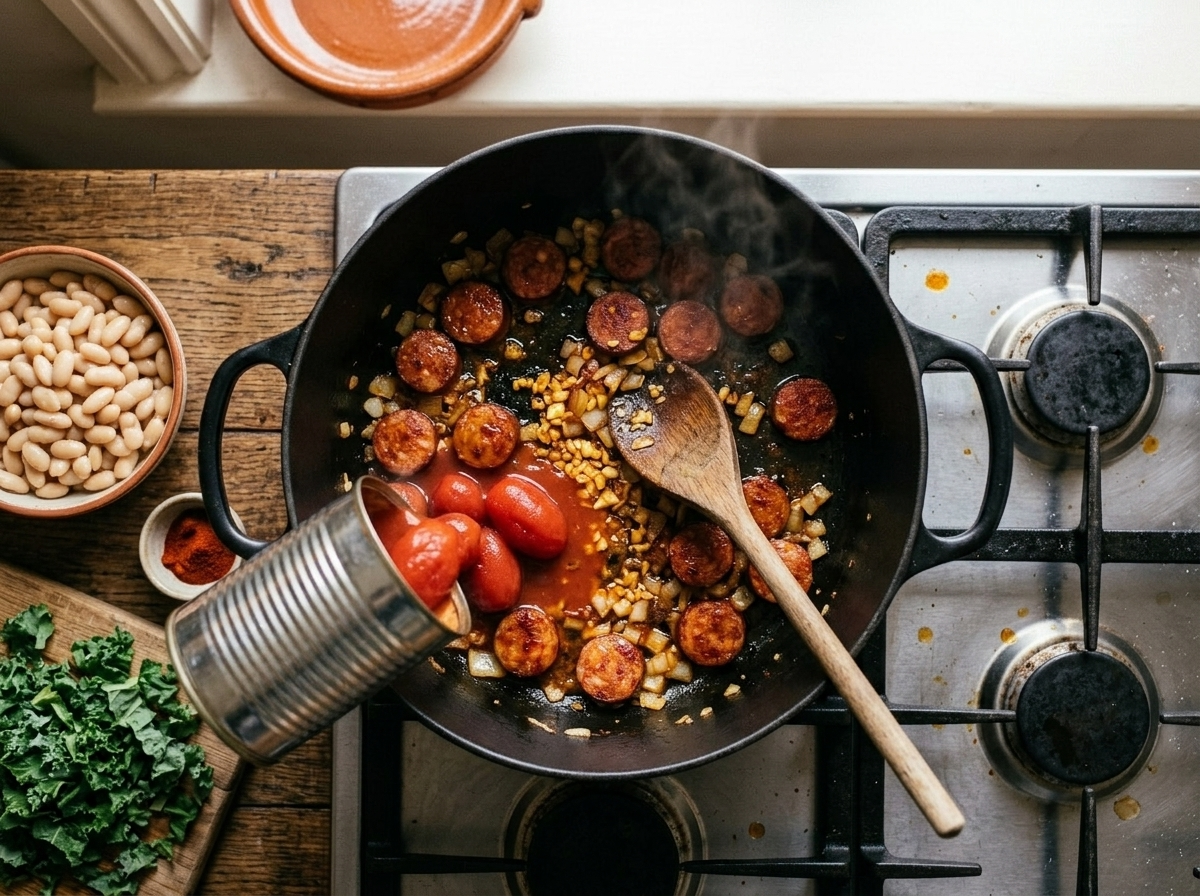 Chorizo slices rendering in orange fat inside a black Dutch oven with onions and crushed tomatoes being stirred