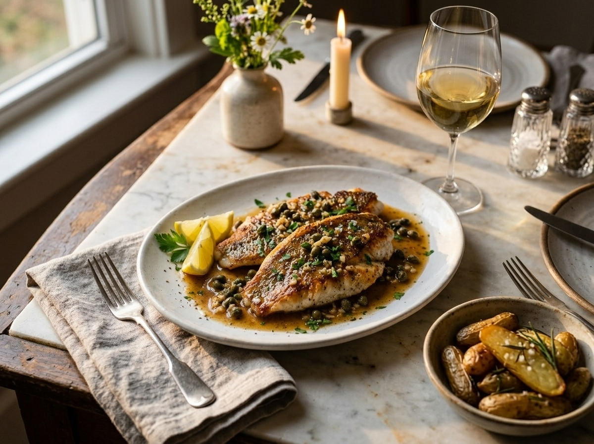 Plated triggerfish with brown butter sauce served alongside fingerling potatoes and a glass of white wine on a marble table