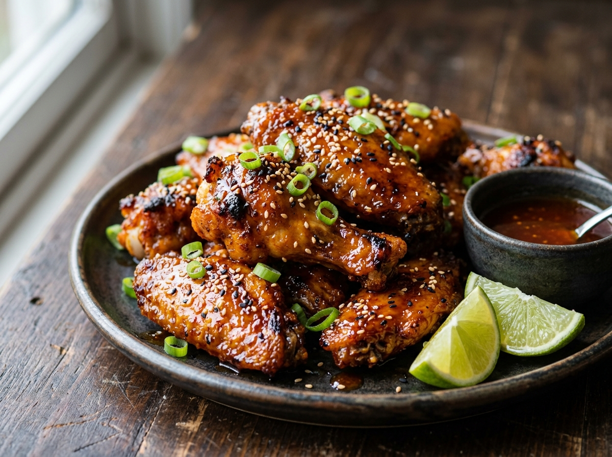 Honey sriracha glazed chicken wings on a dark plate topped with sesame seeds, spring onions, and lime wedges