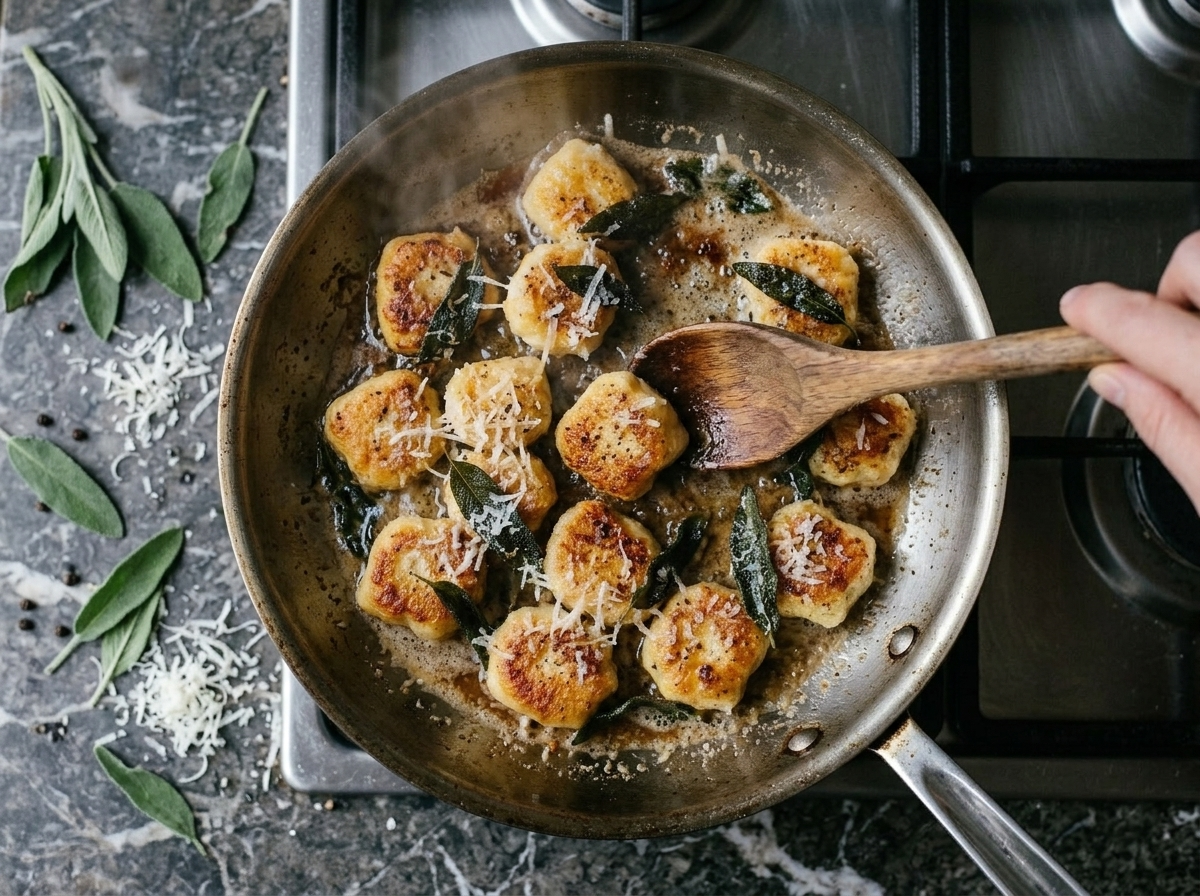 Golden-crusted ricotta gnudi sizzling in a heavy skillet with foamy sage butter and a wooden spoon