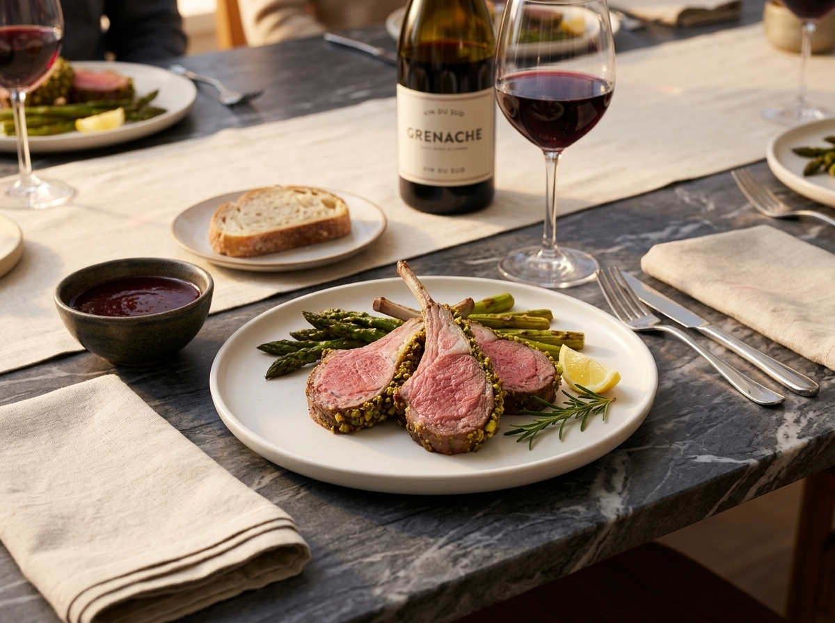 Plated pistachio crusted lamb chops with roasted asparagus and a glass of red wine on a marble table