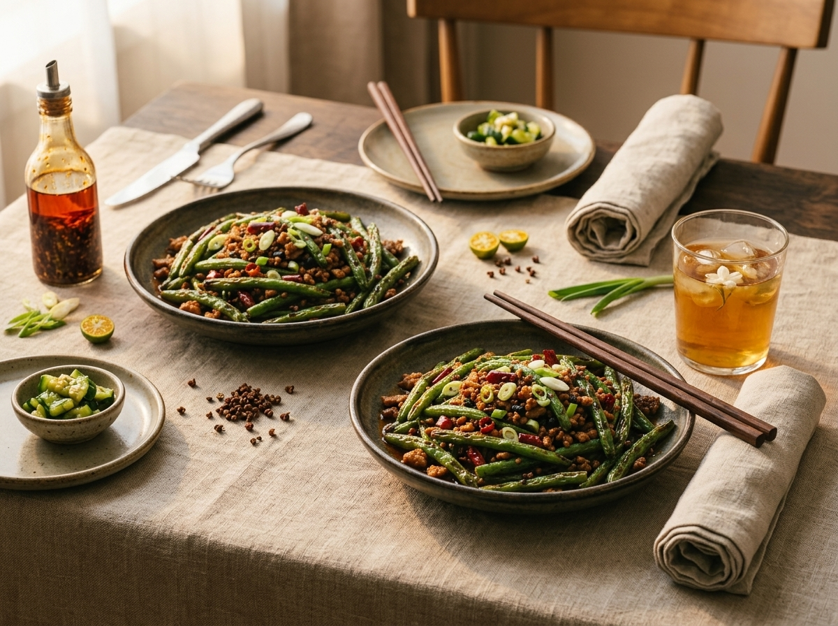 Two bowls of Szechuan dry fried green beans with pork on a linen table with chopsticks and chili oil