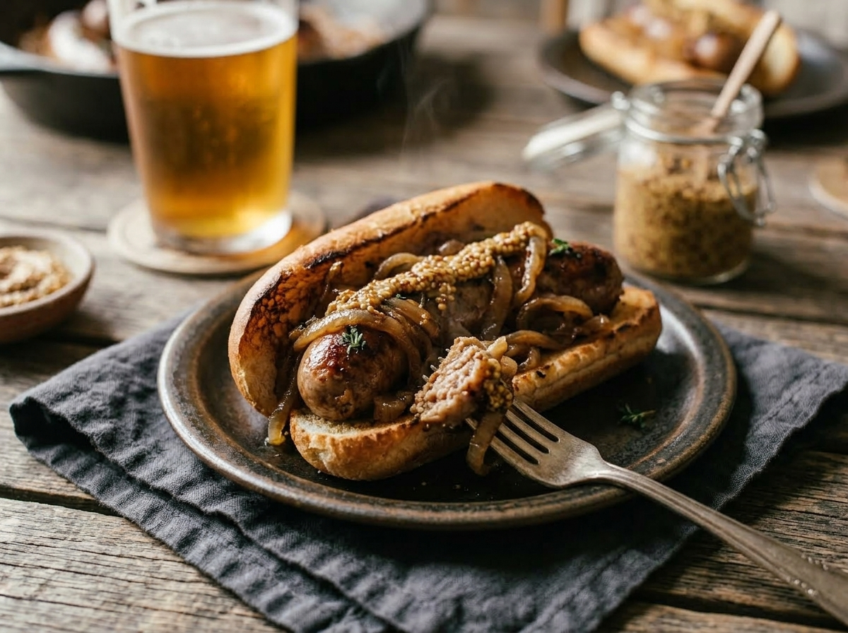 Beer braised bratwurst in a toasted hoagie roll with caramelized onions and whole grain mustard on a wooden table
