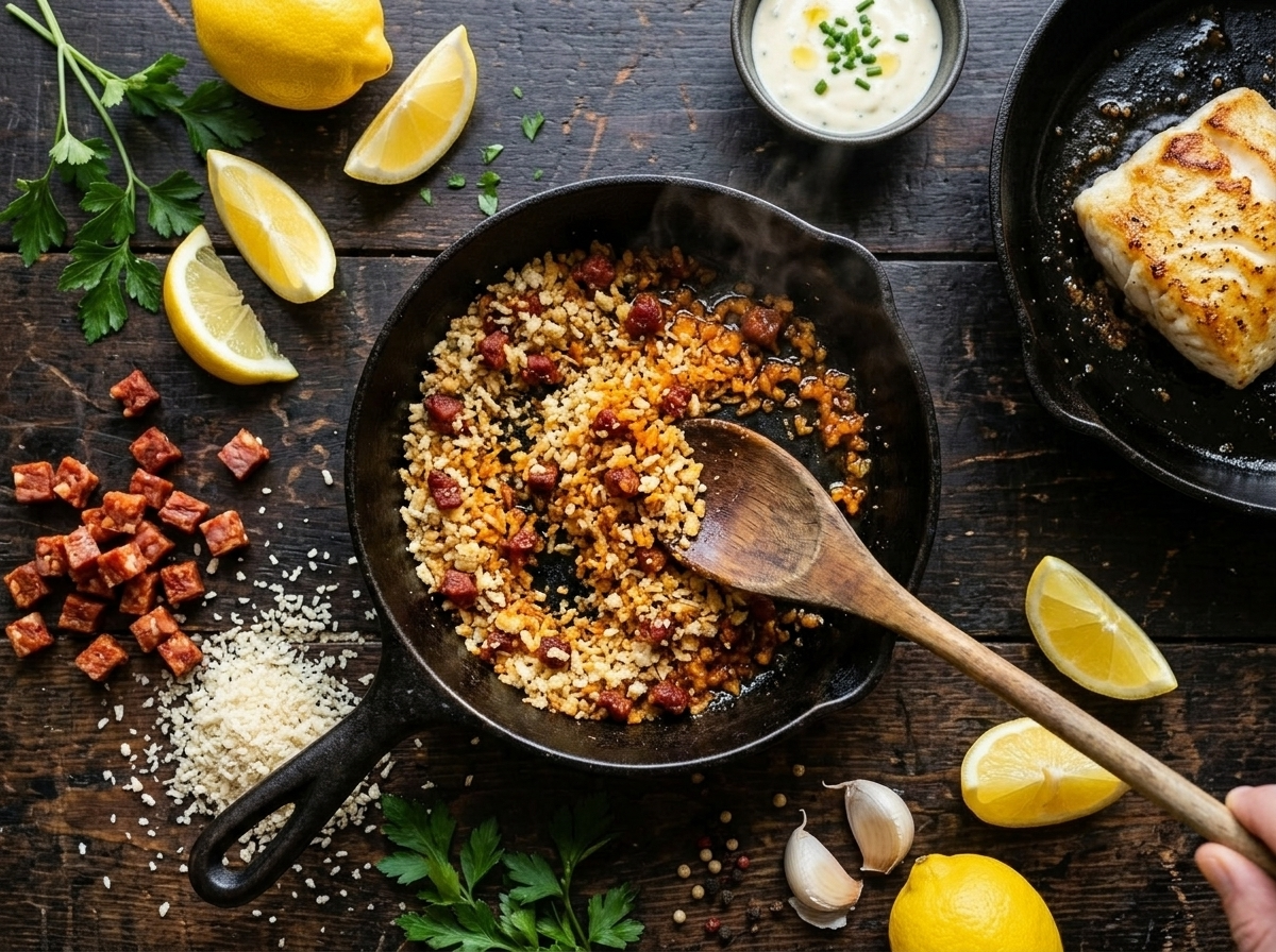 Golden chorizo and panko crumb mixture being stirred in a cast iron pan with a wooden spoon