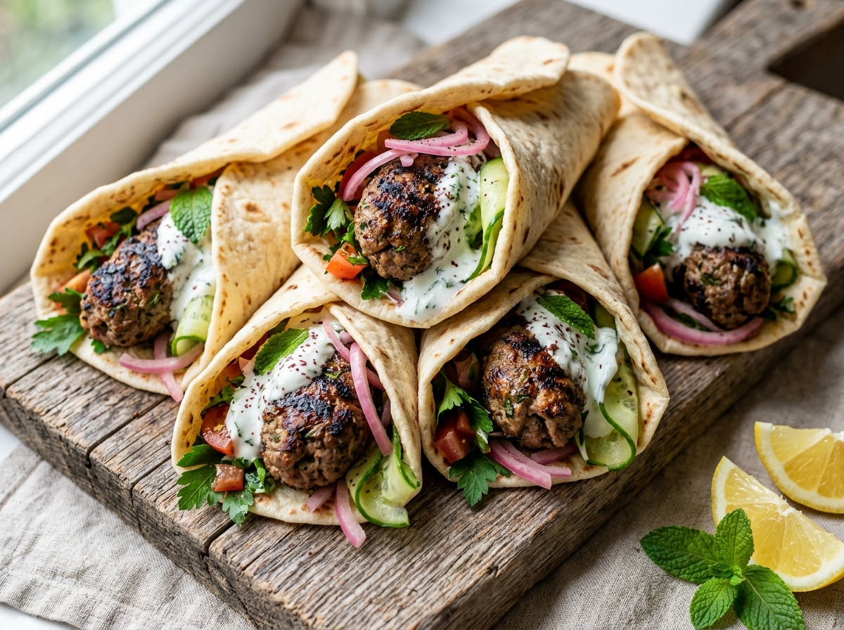Grilled lamb kofta wraps on a wooden board with mint yogurt drizzle, pickled red onion, and lemon wedges