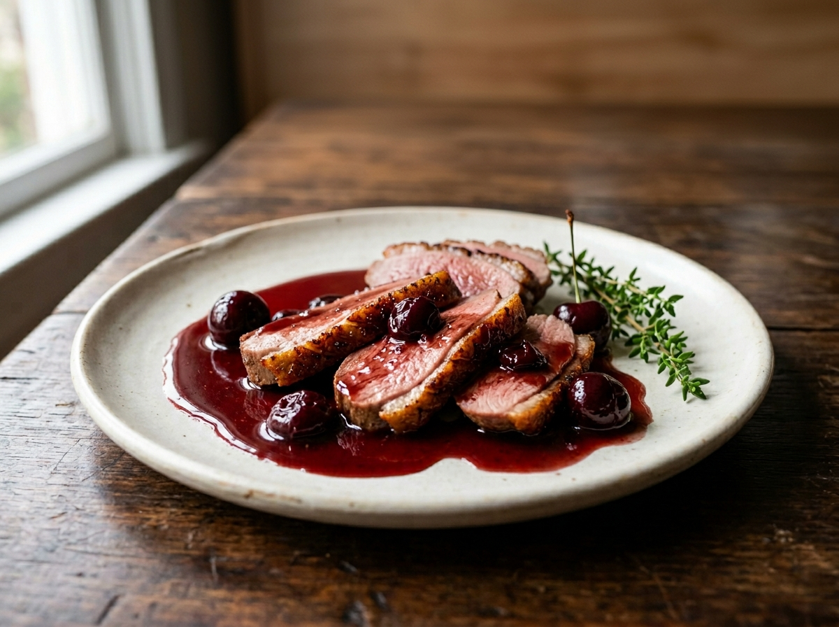 Sliced five spice duck breast with glossy cherry reduction on a white ceramic plate, thyme garnish