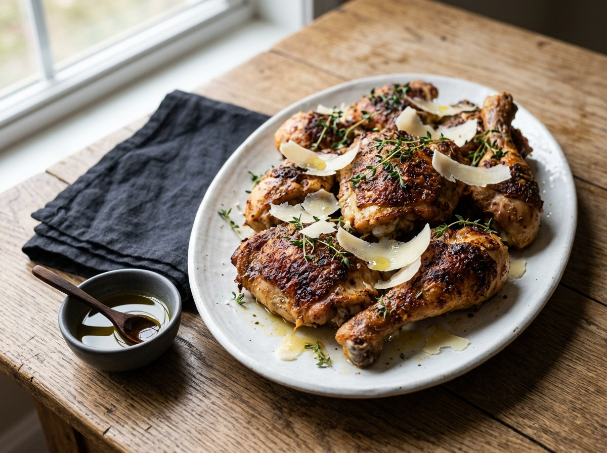 Truffle Parmesan roasted chicken thighs with crispy golden crust, fresh thyme, and shaved Parmesan on a white platter