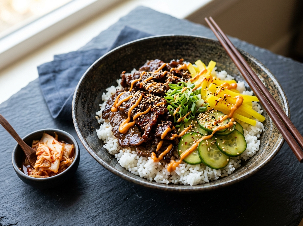 Beef bulgogi rice bowl with caramelized soy-marinated ribeye, sesame cucumber, pickled daikon, and gochujang mayo drizzle