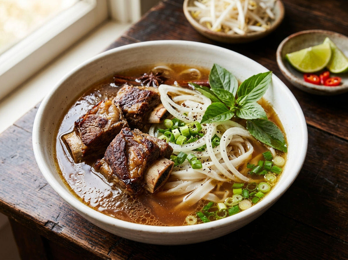 Large bowl of beef short rib pho with glossy amber broth, rice noodles, and bone-in short rib on a wooden board