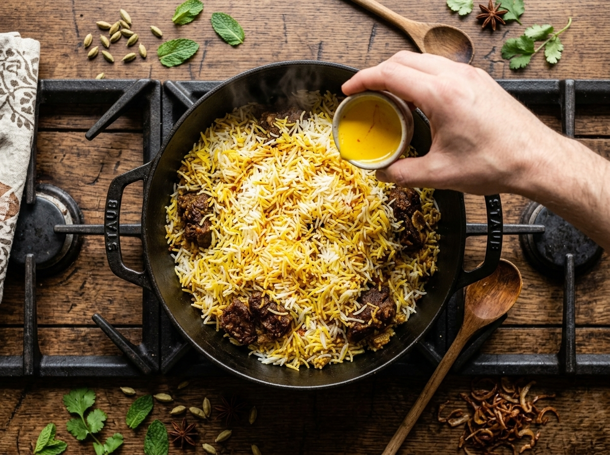 Saffron milk being drizzled over parboiled basmati rice layered on top of spiced lamb in a Dutch oven