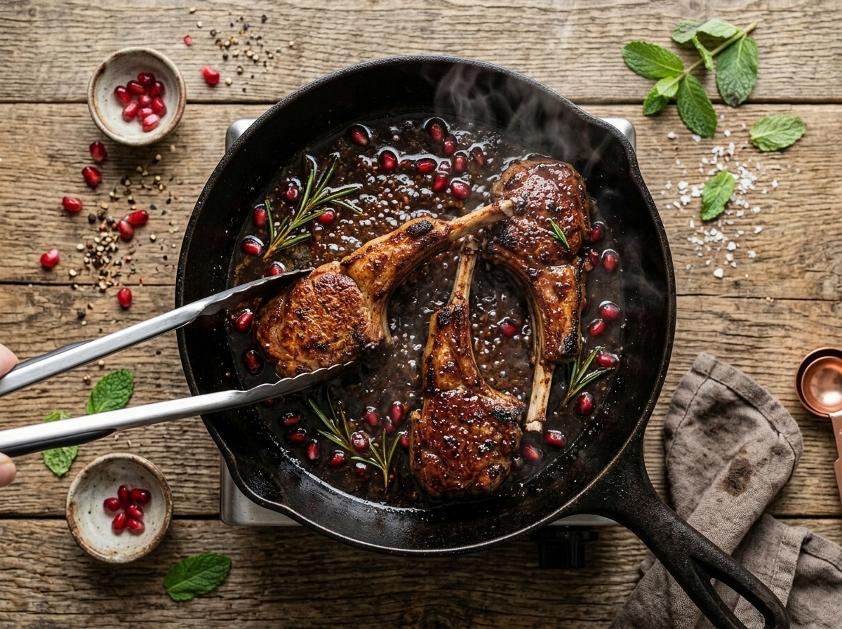 Lamb chops searing in pomegranate molasses glaze in a cast-iron skillet with rosemary and tongs