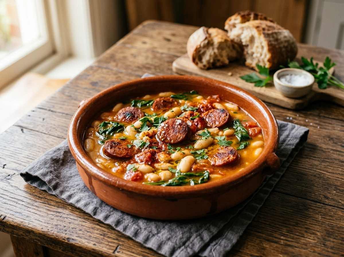 Terracotta bowl of smoked paprika chorizo and white bean stew with olive oil drizzle and torn sourdough