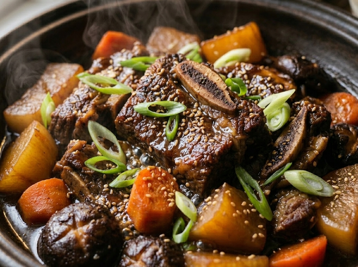 Bone-in short ribs and daikon simmering in dark Korean braising liquid in a large Dutch oven on the stovetop