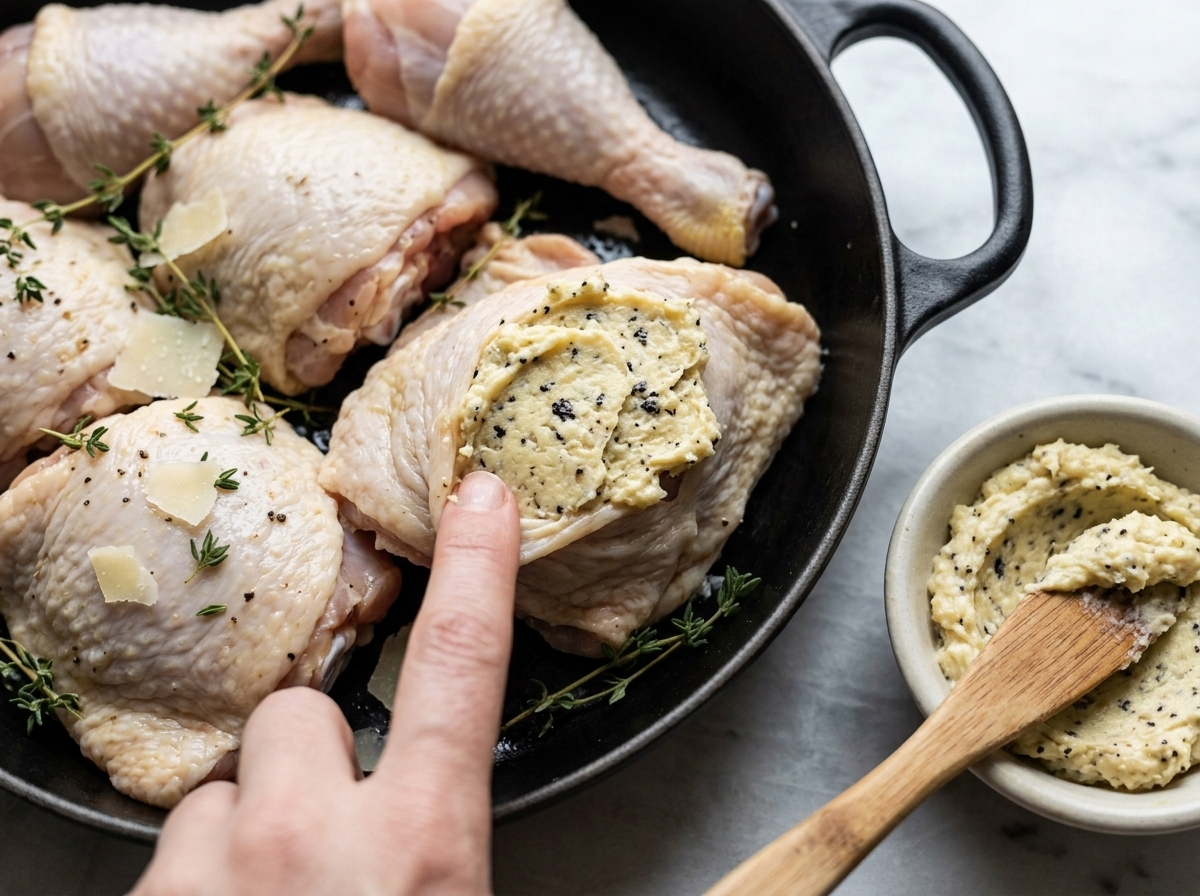 Spreading truffle oil Parmesan butter paste under the skin of a raw chicken thigh before roasting