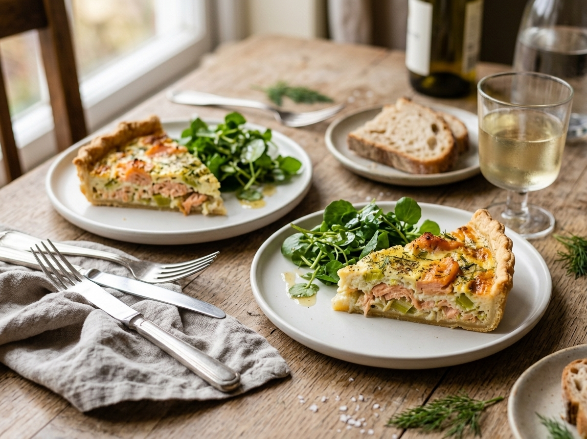 Two slices of smoked salmon tart on white plates with watercress salad and a glass of white wine