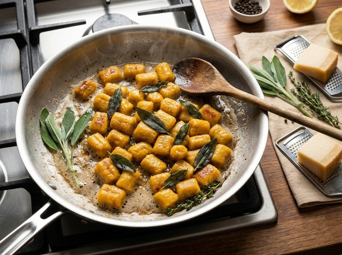 Pumpkin gnocchi sizzling in brown butter with crispy sage in a stainless skillet on a wooden counter