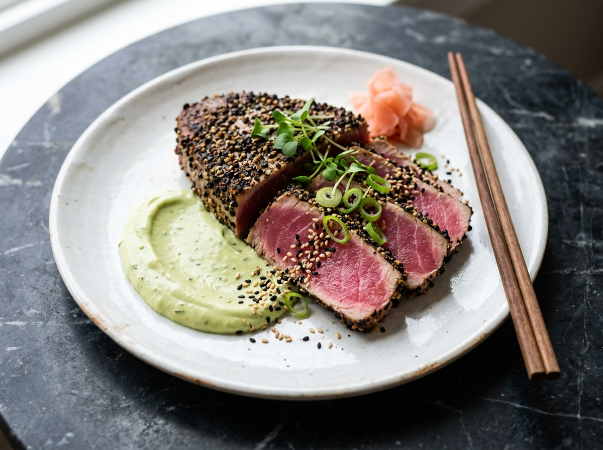 Sliced seared ahi tuna steak with pink rare center, wasabi avocado cream, sesame seeds on a white plate