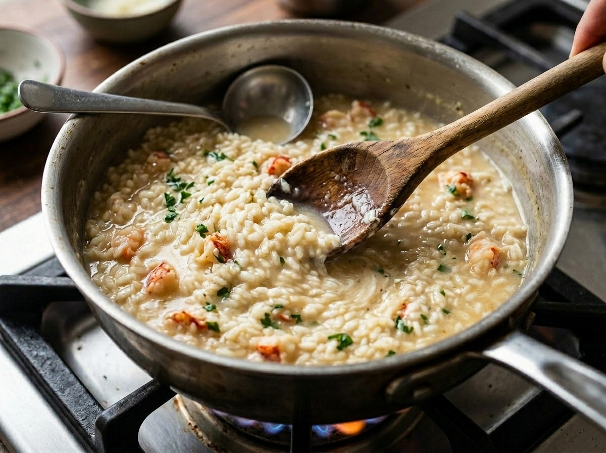 Arborio rice being stirred in shell stock in a heavy saucepan during lobster risotto cooking