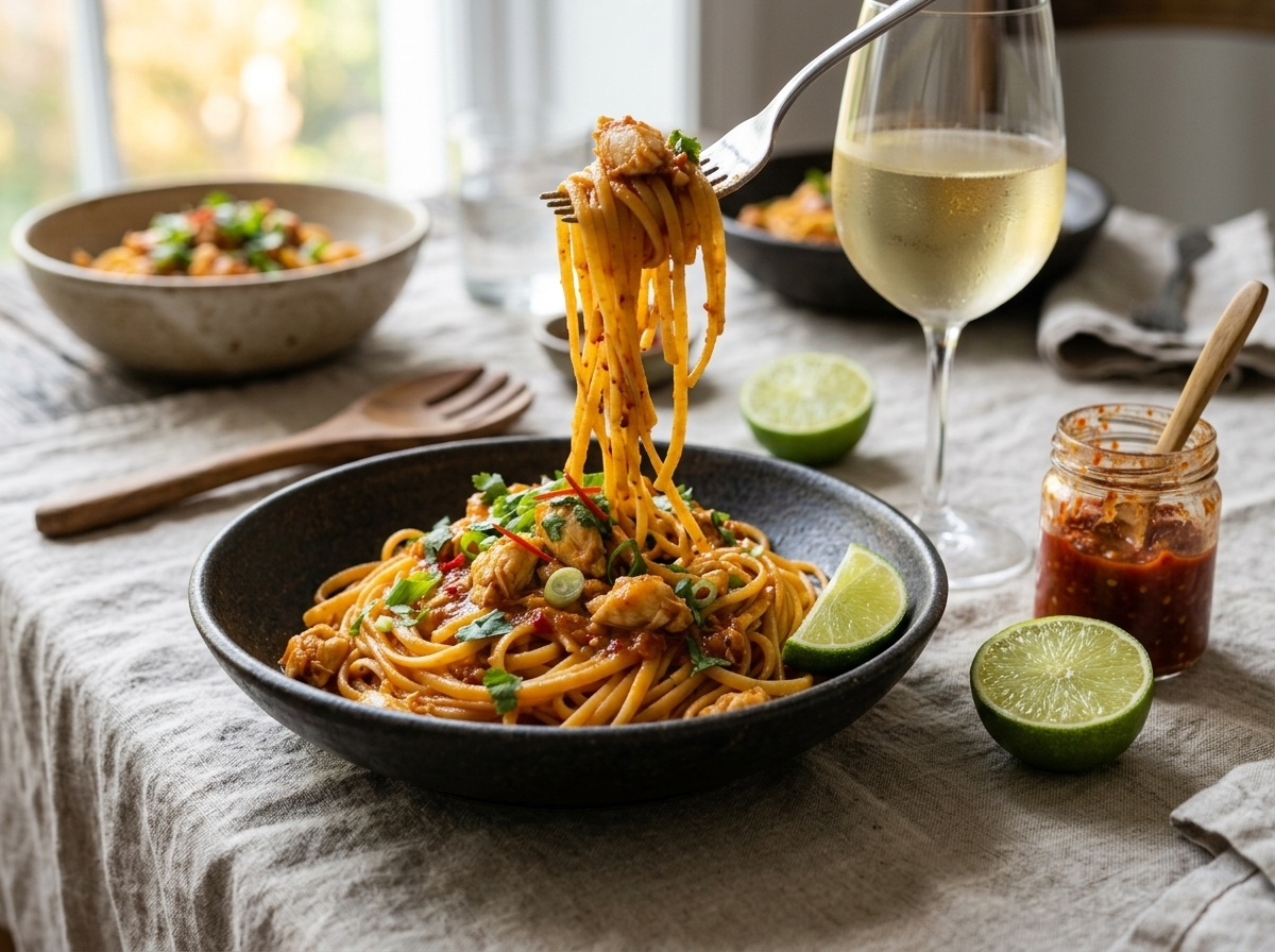 Two bowls of chili crab linguine on a linen table with a glass of Riesling and a cut lime alongside
