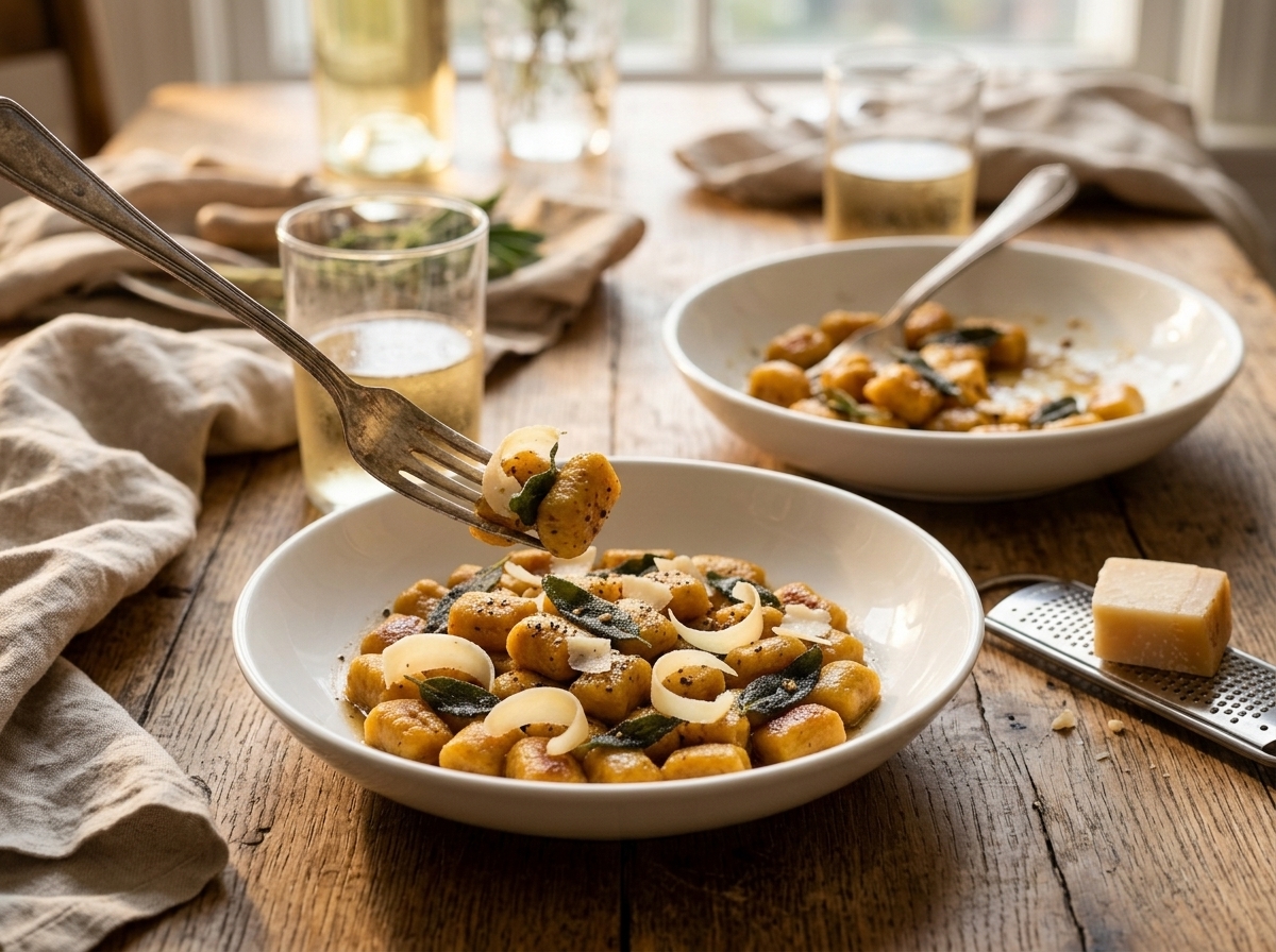 Two white bowls of brown butter sage pumpkin gnocchi on a wooden table with white wine and Parmesan