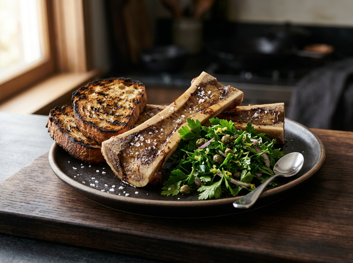 Four roasted beef femur bones cut lengthwise on a slate board with parsley caper salad and charred sourdough slices