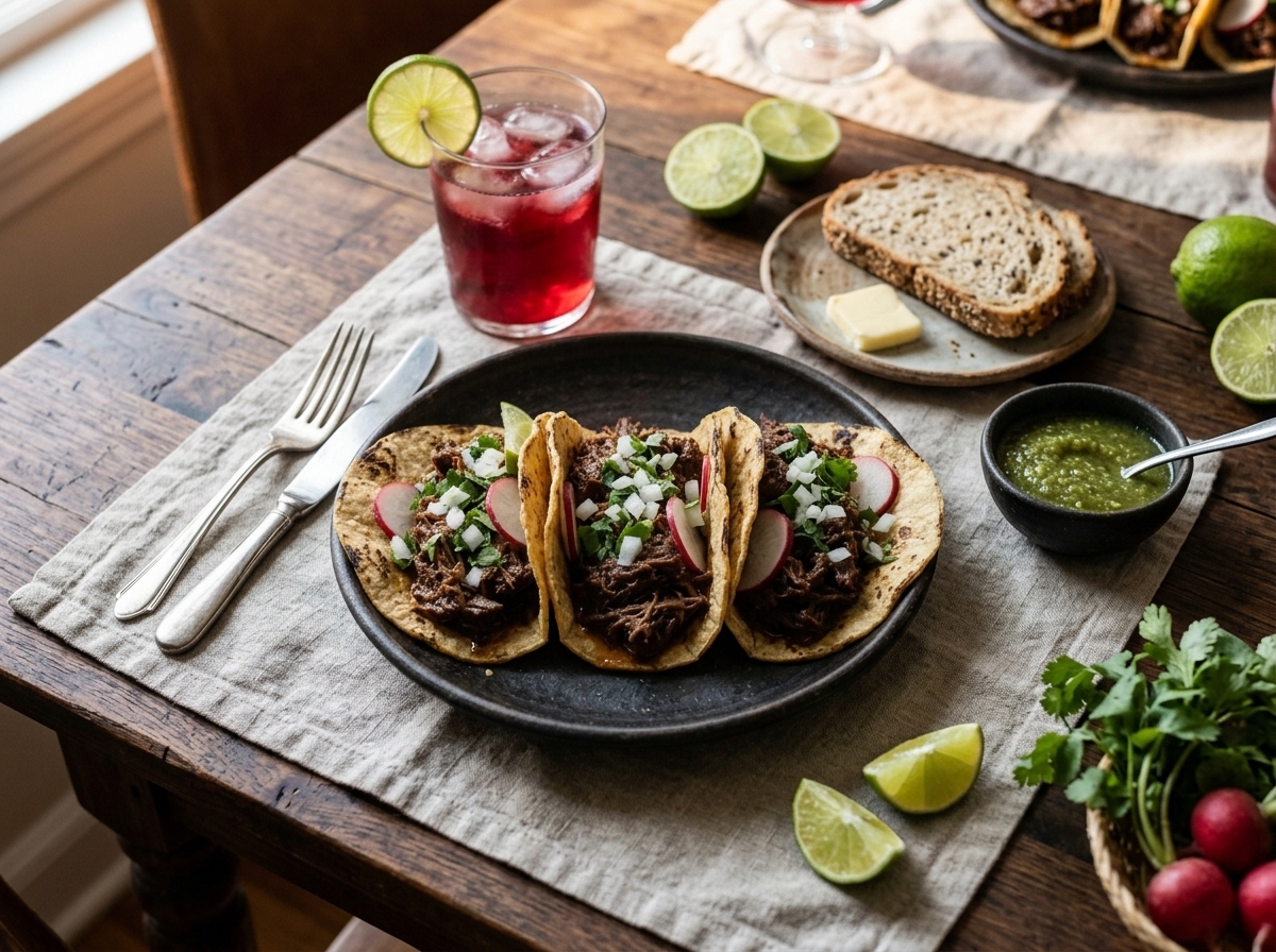 Barbacoa taco spread on linen-lined board with toppings, salsa verde, and glasses of agua fresca