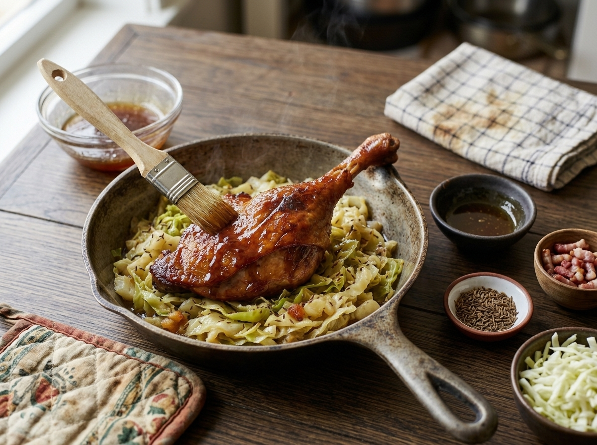 Pastry brush applying honey soy glaze to crispy duck leg skin over braised cabbage in a cast iron pan
