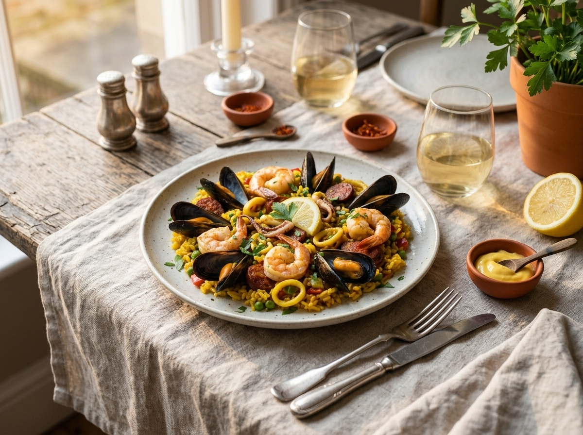 Seafood paella pan with lemon wedges and white wine served at an outdoor table in warm afternoon light.