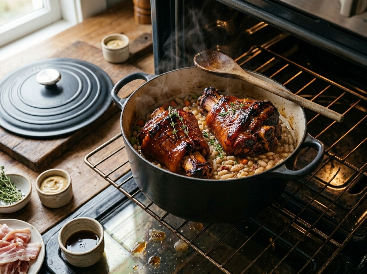 Dutch oven with two maple-glazed ham hocks braising in white beans and amber stock, lid removed