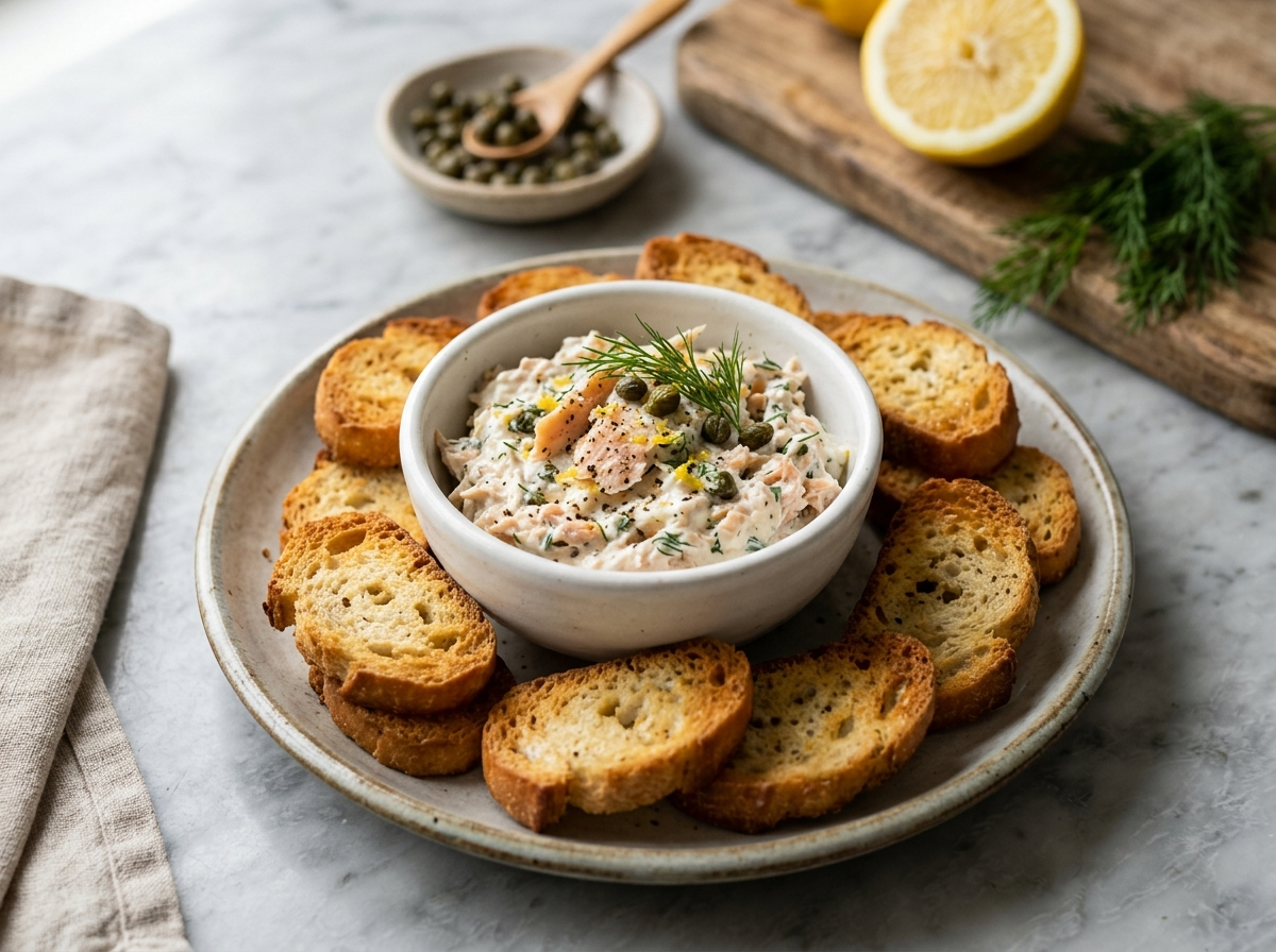 Smoked trout rillettes in a white bowl with dill and capers, served alongside golden baked baguette crostini on marble