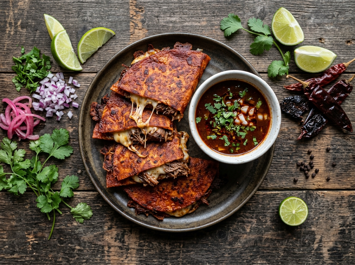 Smoked brisket birria quesadillas with crispy red tortillas, melted cheese, and a bowl of dark consomé on a wooden board
