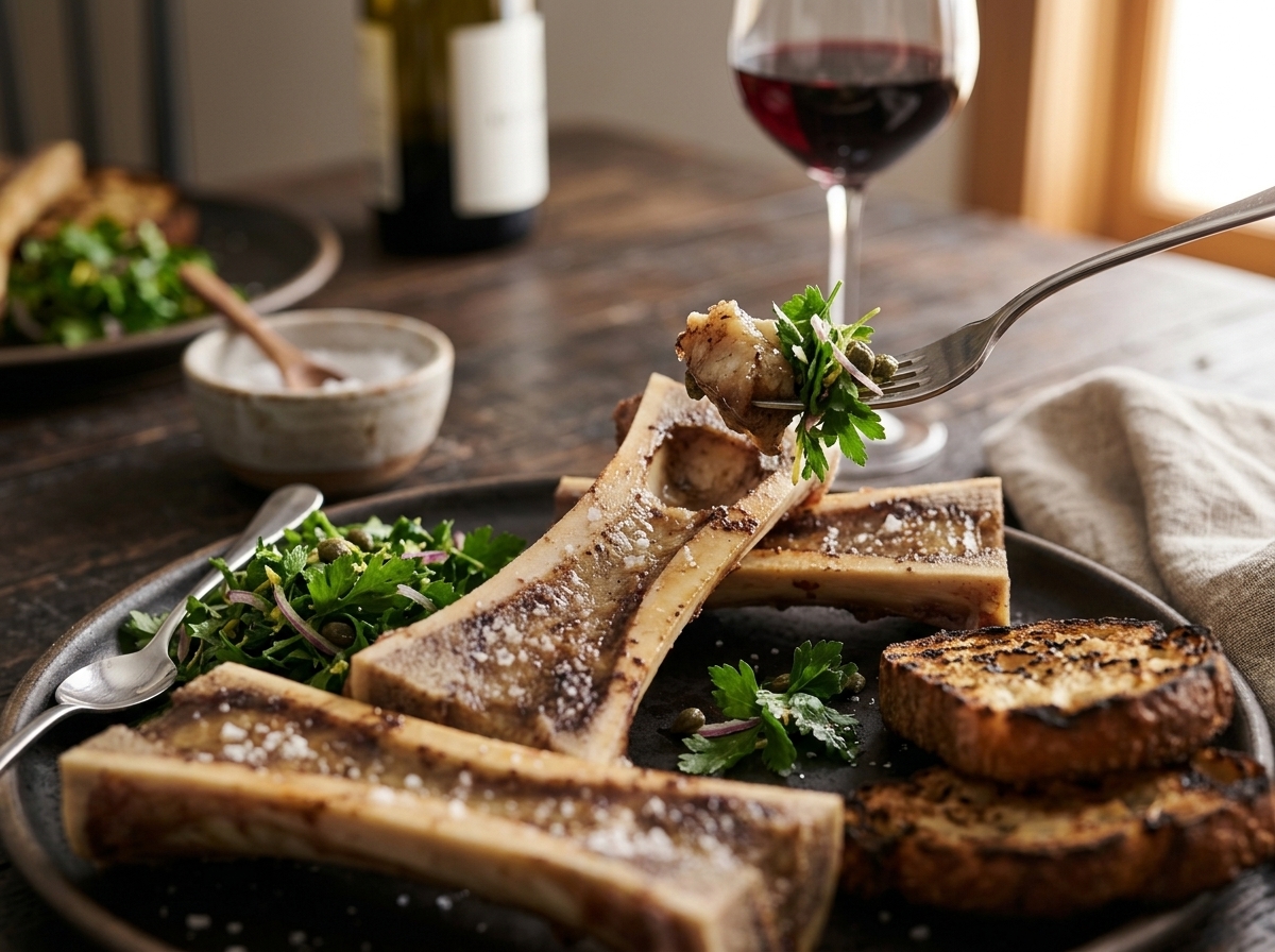 Two plates of roasted bone marrow with parsley salad and grilled sourdough on a rustic wooden dining table