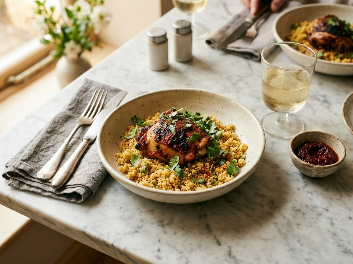 Single serving of harissa chicken thigh over fluffy couscous in a shallow bowl with fresh herbs and lemon