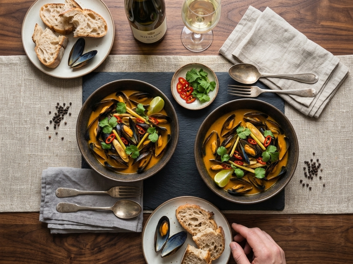 Two bowls of coconut curry mussels with crusty bread and lime wedges on a linen-covered table